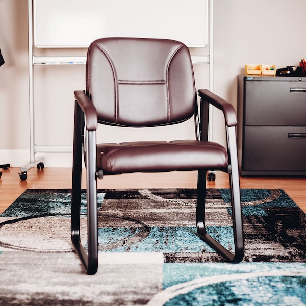 Interion Reception Chair, Burgundy Seat, Fixed, Vinyl Seat